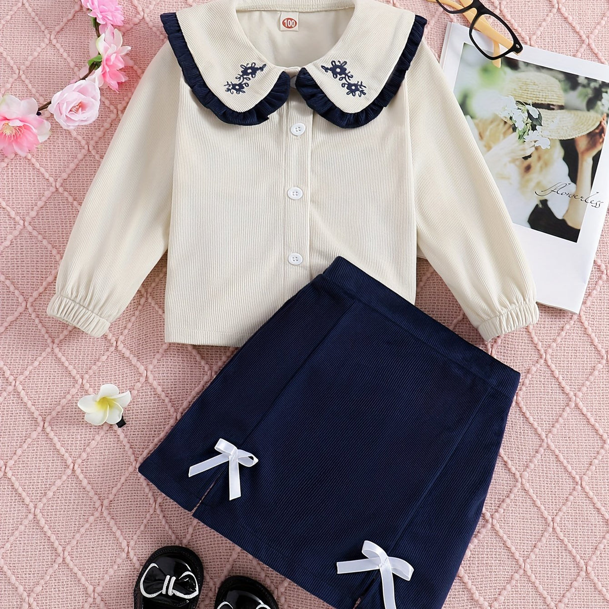Comfy 2pcs Girls, Embroidery Collar Long Sleeve Knitwear + Skirt Set Kids Clothes For Spring Fall Christmas Gift