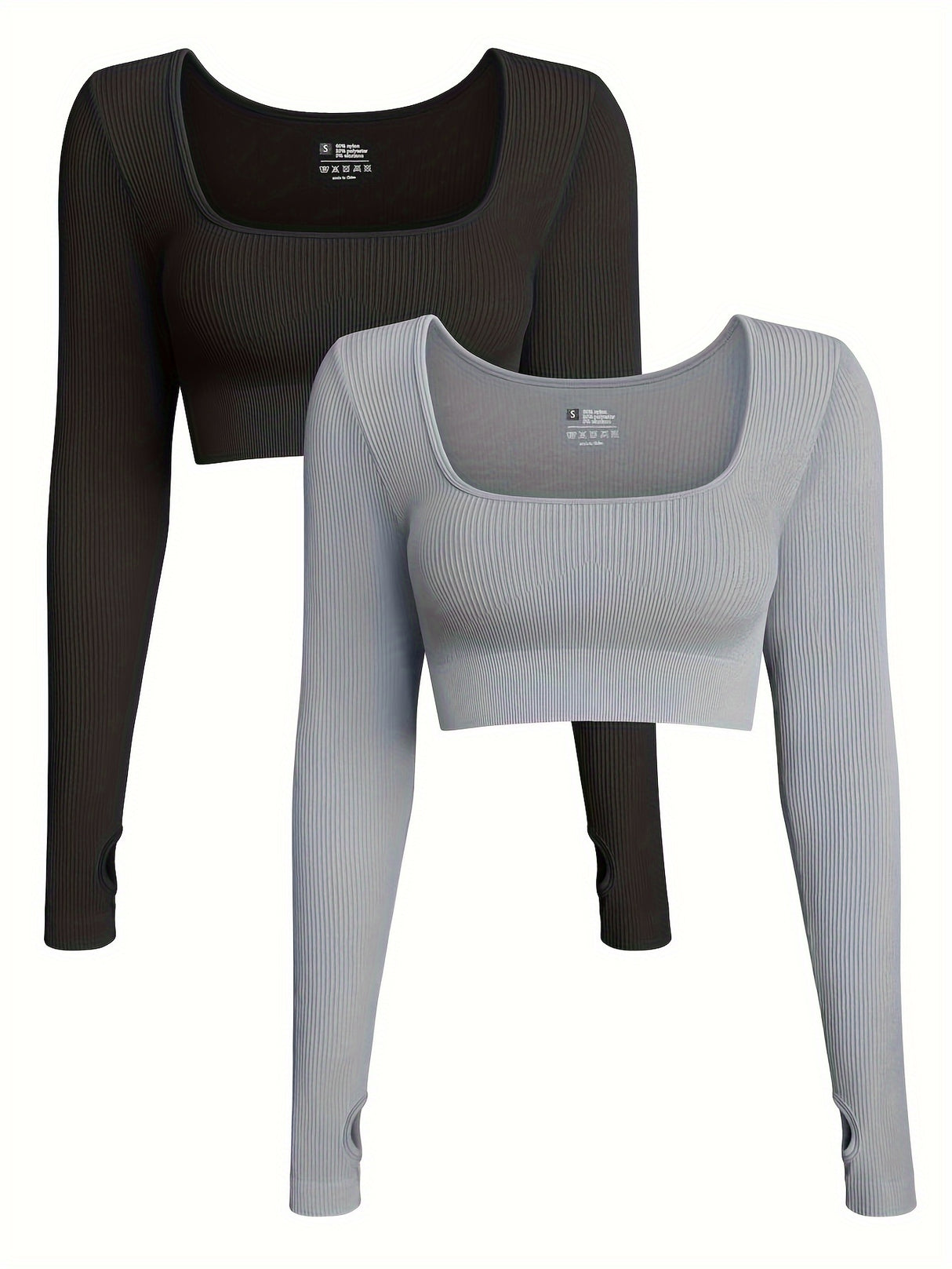 OQQ Women's 2 Piece Crop Top Ribbed Seamless Workout Exercise Long Sleeve Crop Tops