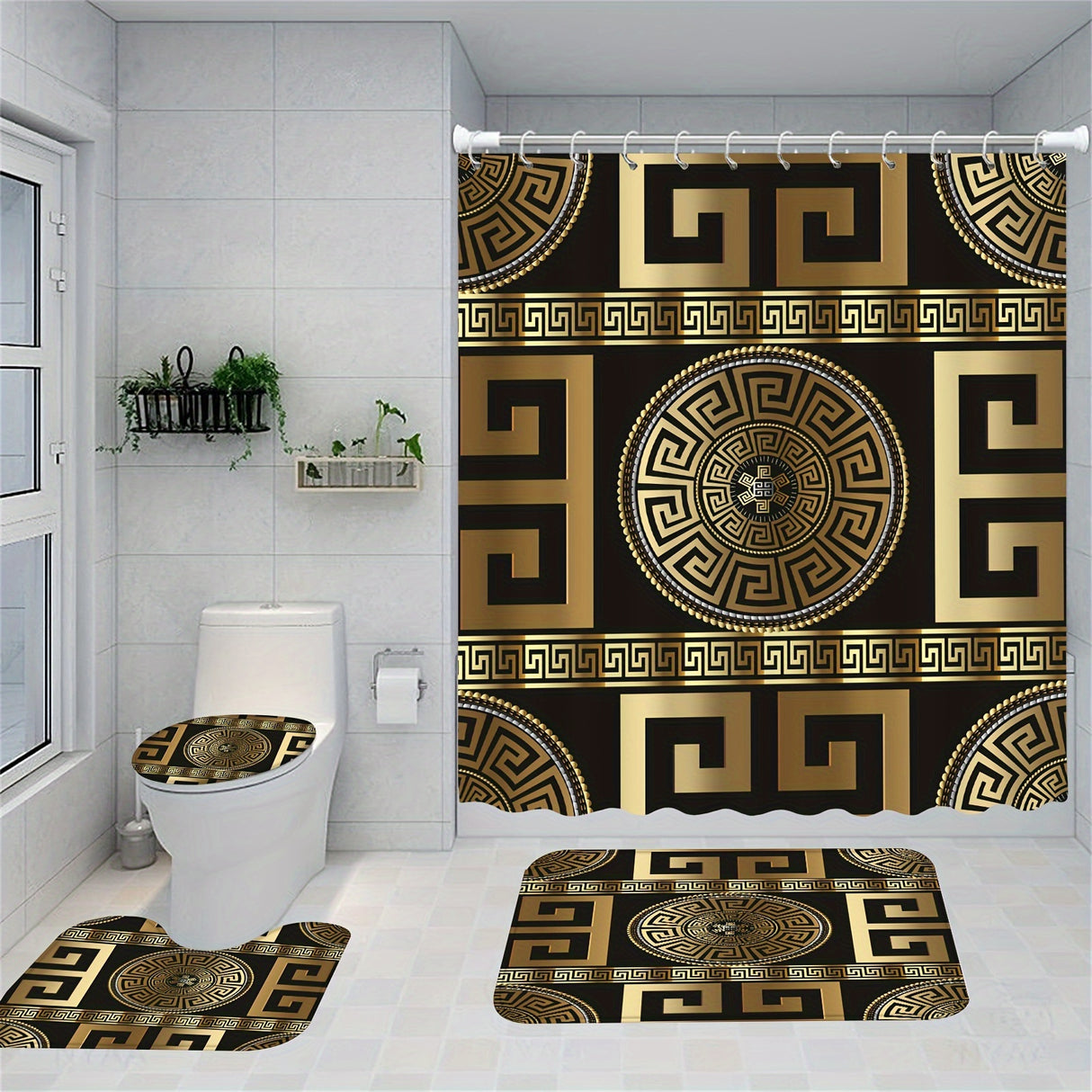1/4pcs Black Golden Geo Printed Shower Curtain Set - Waterproof, Anti-Slip, and Decorative Bathroom Essentials with 12 Plastic Hooks, Bathtub Partition, and 4-Piece Mat Set - Complete Bathroom Decor Solution