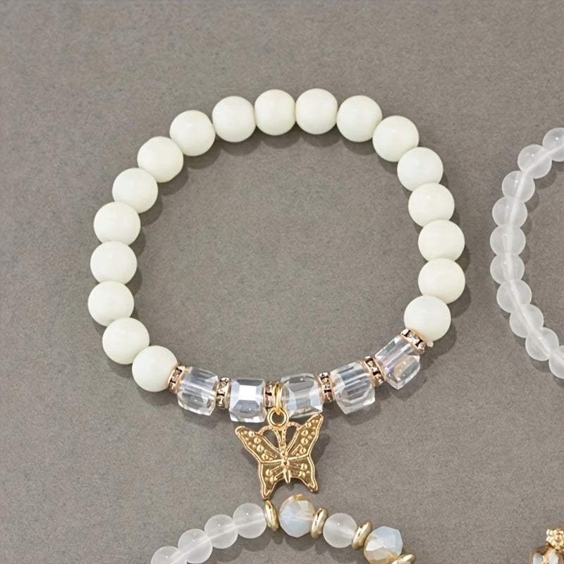4pcs/set Bohemian Style Butterfly Charm Colorful Beaded Bracelets, Cute Hand Jewelry Gift For Girls