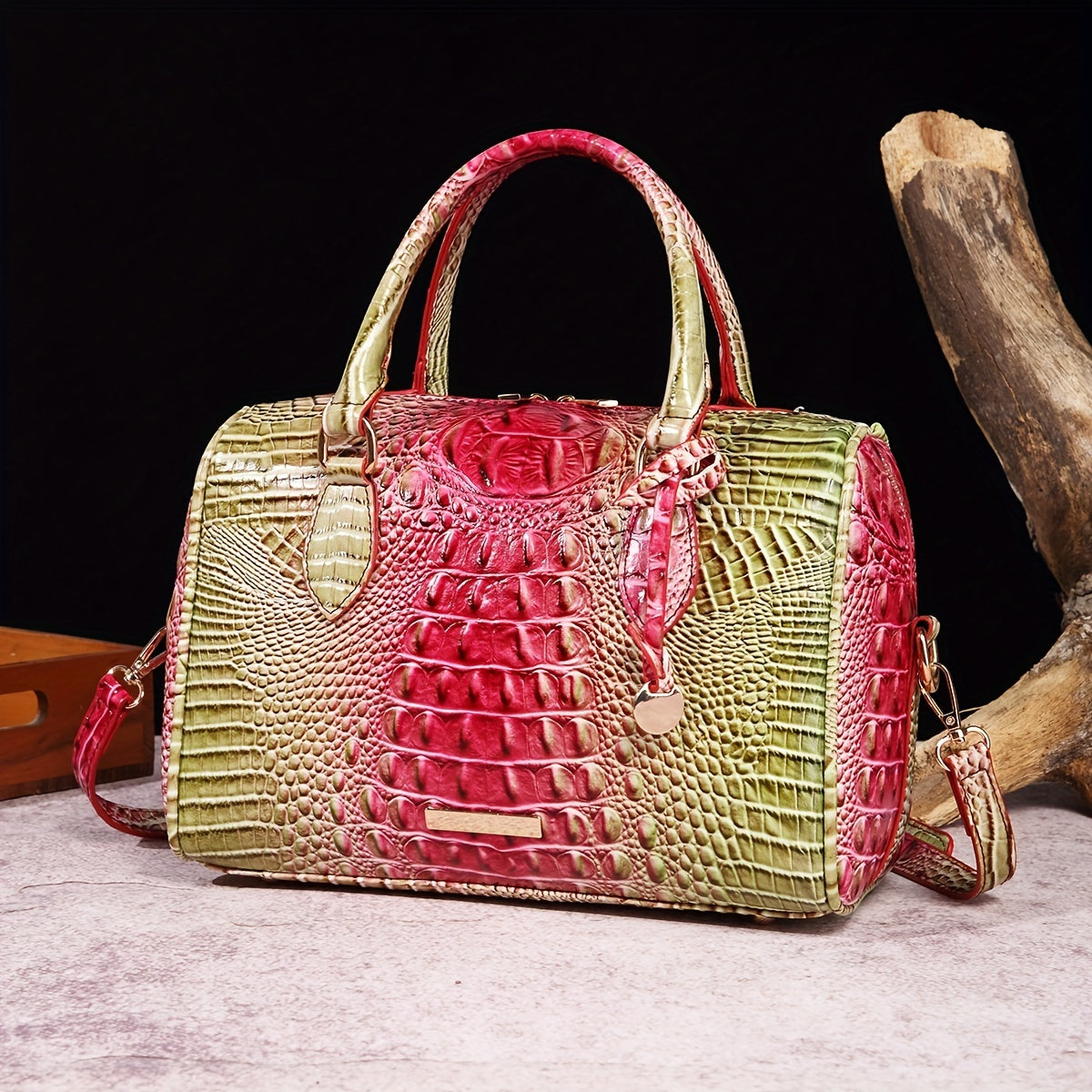 Luxury Crocodile Pattern Handbag, Retro Genuine Purse, Women's Classic Boston Bag & Shoulder Bag