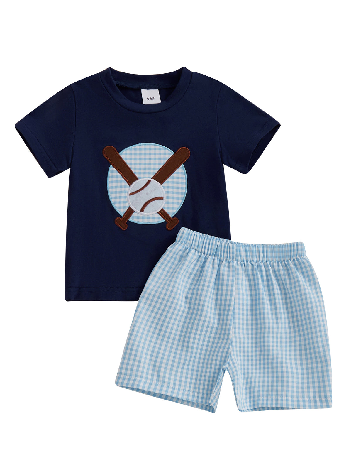 Toddler Boys' Baseball Embroidered Cotton Shorts Set - Comfy Short Sleeve Round Neck Top with Elastic Waistband Plaid Shorts, Machine Washable, All-Season Wear, Comfortable Playwear|Playful Kids' Clothes|Easycare Clothing, Pe