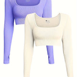 OQQ Women's 2 Piece Crop Top Ribbed Seamless Workout Exercise Long Sleeve Crop Tops