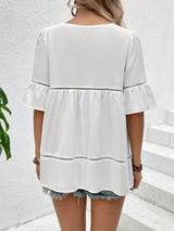 Solid Ruffle Trim Blouse, Vacation Cut Out Crew Neck Summer Blouse, Women's Clothing