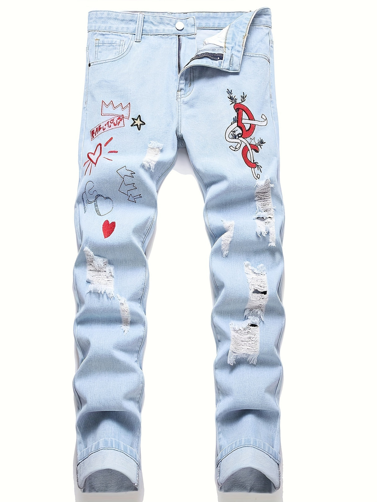 Men'S Slim Fit Letter & Heart Embroidered Ripped Jeans for men