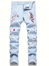 Men'S Slim Fit Letter & Heart Embroidered Ripped Jeans for men