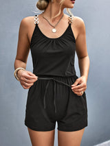 Women's Black Sleeveless Romper with Golden Chain Detail - Casual V-Neck Jumpsuit with Adjustable Drawstring Waist and Ring Accents, Perfect for Spring/Summer, Ladies Rompers And Jumpsuits