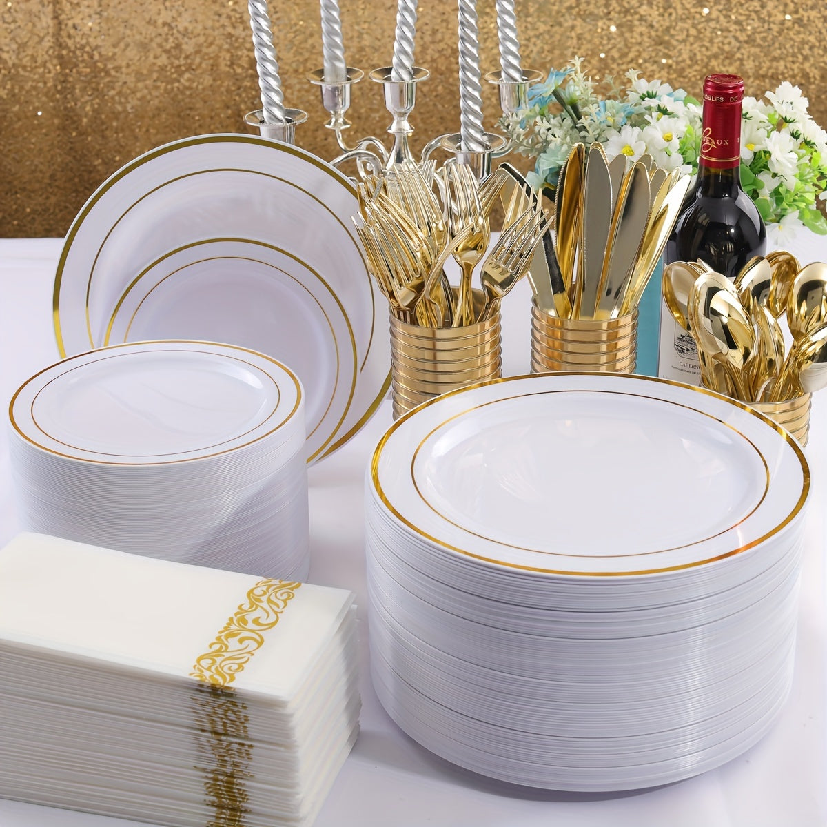 500 Pcs Golden Plastic Plates with Golden Silverware, White Golden Plastic Dinnerware Set for Party include: 100 Dinner Plates 10.25 inch, 100 Dessert Plates 7.5 inch, 100 Golden Silverware Sets