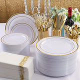 500 Pcs Golden Plastic Plates with Golden Silverware, White Golden Plastic Dinnerware Set for Party include: 100 Dinner Plates 10.25 inch, 100 Dessert Plates 7.5 inch, 100 Golden Silverware Sets