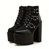[High Heel Goth Motorcycle Boots] Women's Goth Motorcycle High Heel Boots, Block Heels Lace Up And Zipper Round Toe Platform Ankle Boots, Y2K Style Boots