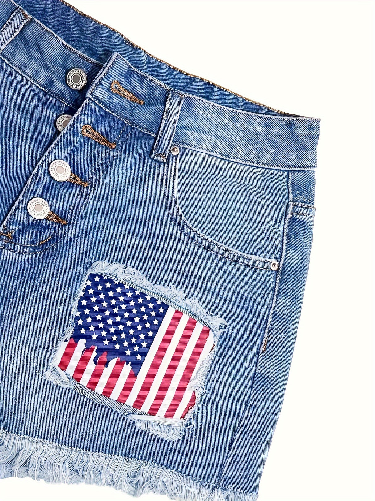 Stylish High-Waisted Ripped Patchwork Denim Shorts - Women Denim Shorts with Light Blue Washed Distressed, Cute American Flag Print, Single-breasted, Independence Day 4th Of July Summer Fashion, Casual Comfortable Shorts for