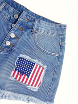Stylish High-Waisted Ripped Patchwork Denim Shorts - Women Denim Shorts with Light Blue Washed Distressed, Cute American Flag Print, Single-breasted, Independence Day 4th Of July Summer Fashion, Casual Comfortable Shorts for