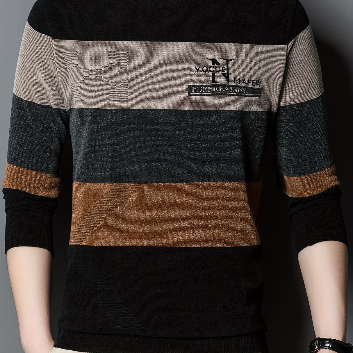 All Match Knitted Color Block Sweater, Men's Casual Warm High Stretch Crew Neck Pullover Sweater For Men Fall Winter