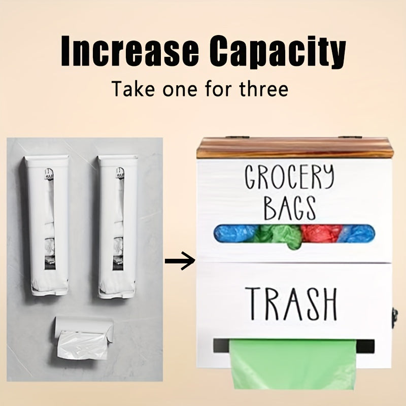 2-in-1 Wooden Wall-Mount Garbage Bag Dispenser & Organizer - Large Capacity, White/Black for Kitchen & Bathroom Essentials