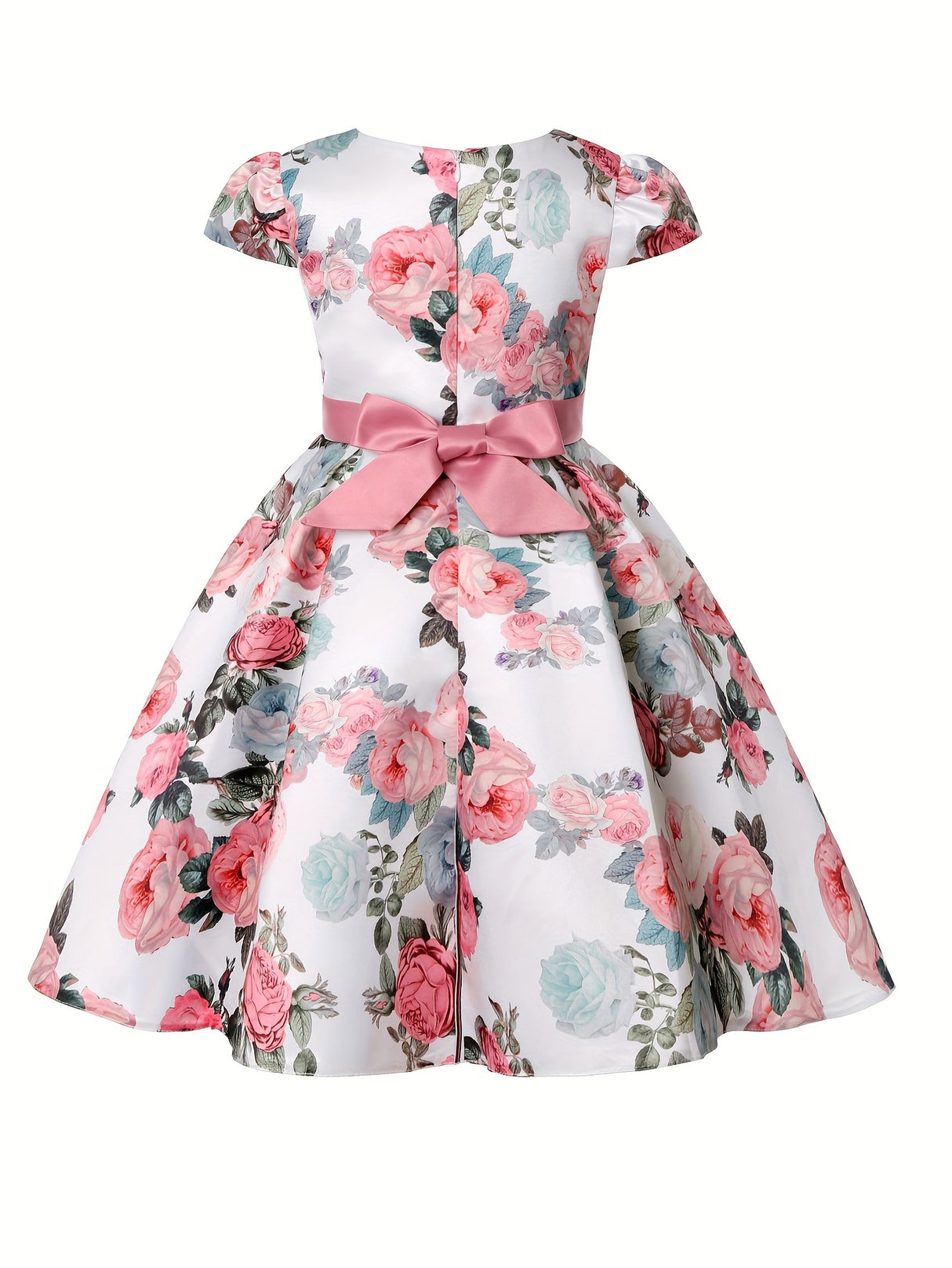 Girls Elegant Floral Pattern Dress Short Sleeves Dresses Kids Clothes For Winter Fall Christmas Gift Party
