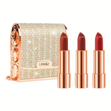 Velvet Texture Matte Lipstick Set - Long Lasting, Waterproof, Smudge Proof, Retractable Red Lipstick with Slivery Chain Bag Package Valentine's Day Gifts