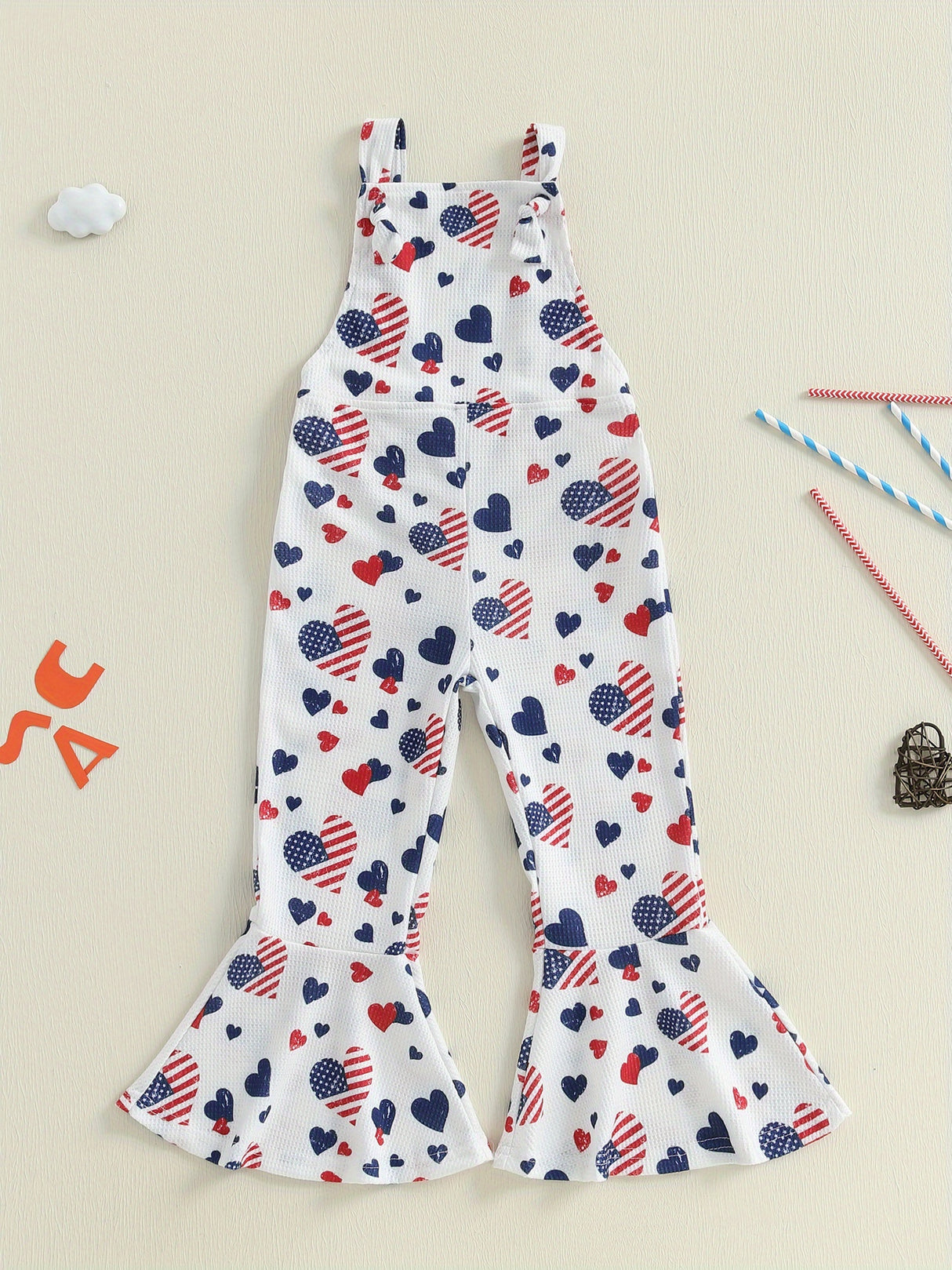 Patriotic Heart Print Flared Overalls for Little Girls – Sleeveless Suspender Pants with Twist Detail, Perfect for 4th of July & Independence Day Celebrations, Navy Blue with Red & White Hearts, Summer Casual Wear, Perfect