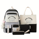 New casual backpack women's four-piece backpack backpack Korean version contrasting simple and versatile canvas school bag