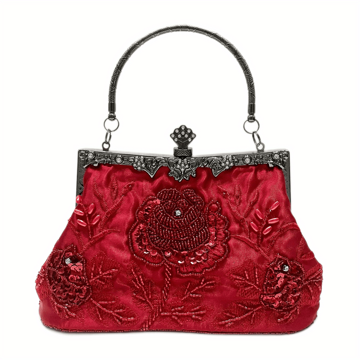 Vintage Floral Embroidered Clutch Handbag, Removable Strap, Buckle Closure, Polyester Lining, Dark Green Champagne Silvery Grey Burgundy Black Grey Golden Blue for Wedding Party