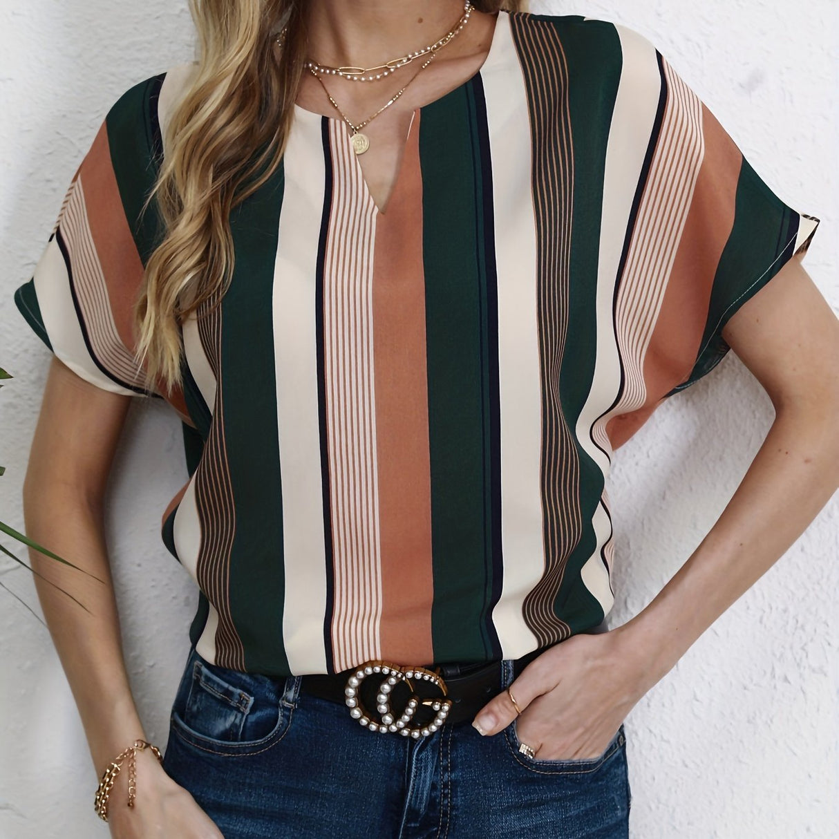 Striped Notched Neck Blouse, Casual Short Sleeve Blouse For Spring & Summer, Women's Clothing