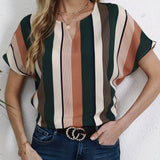 Striped Notched Neck Blouse, Casual Short Sleeve Blouse For Spring & Summer, Women's Clothing