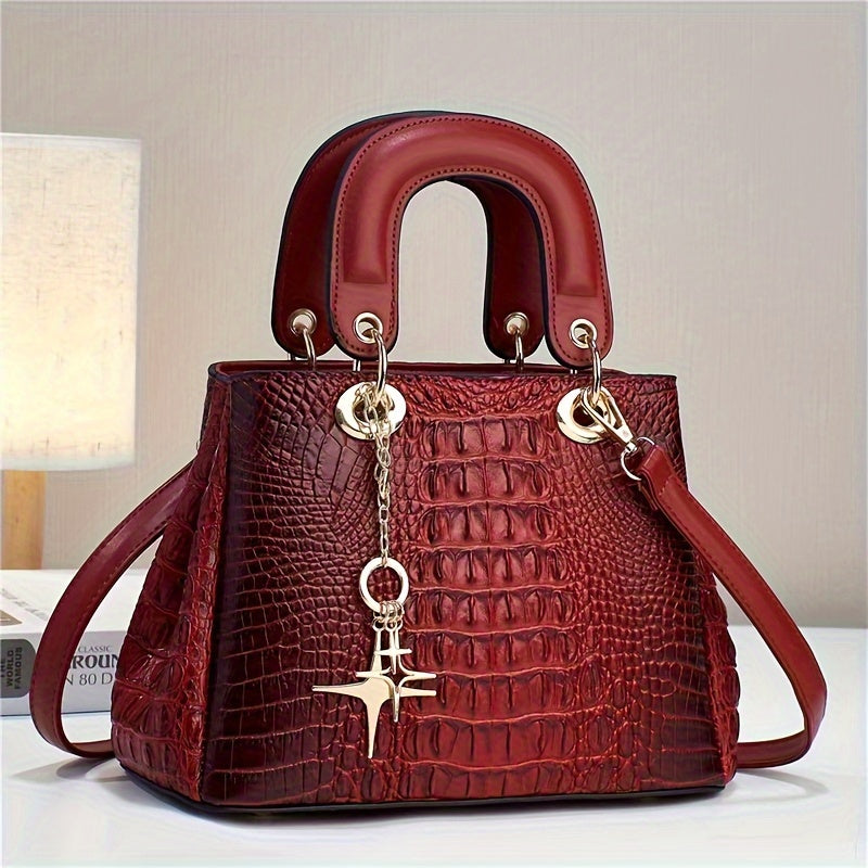 Luxurious PU Crocodile Print Tote Bag - Spacious Interior, Zipper Closure, Polyester Lining, Top Handle Satchel, Shoulder Bag, Crossbody Bag & Purse - Elegant Womens Fashion Handbag with Edge Painted Details