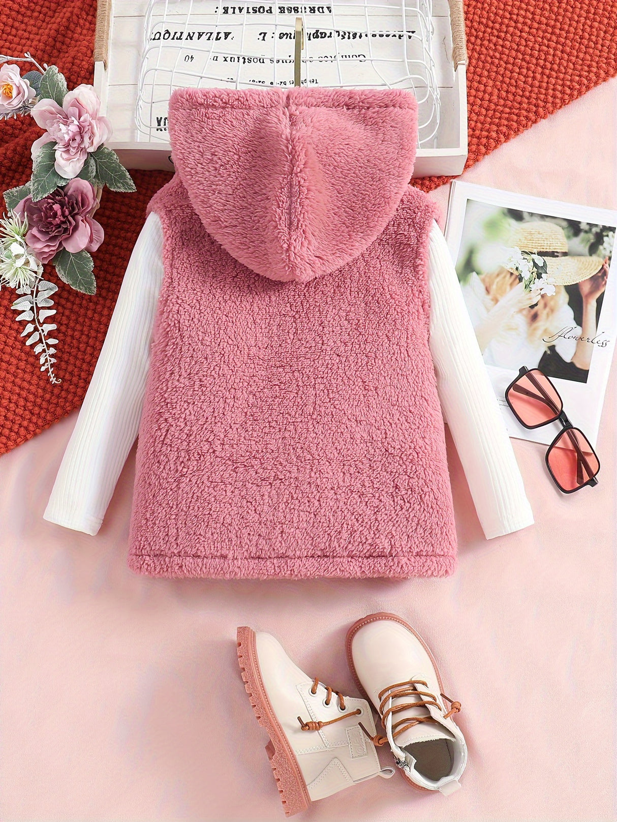 Comfy 2pcs Girls, Plush Sleeveless Hooded Jacket + Turtleneck Pullover Set Kids Clothes For Spring Fall Winter Gift