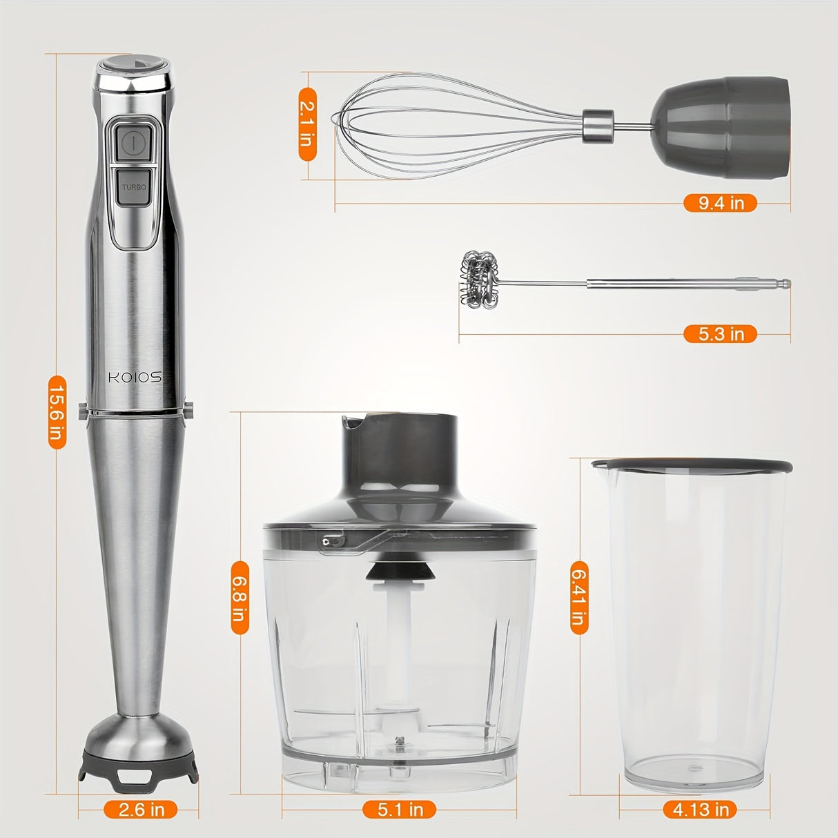 KOIOS Immersion Hand Blender, Stainless Steel Stick Blender with 12-Speed & Turbo Mode 1100W Motor, 5-in-1 Handheld Blender with 600ml Mixing Beaker with Lid, 500ml Chopper, Whisk, Milk Frother