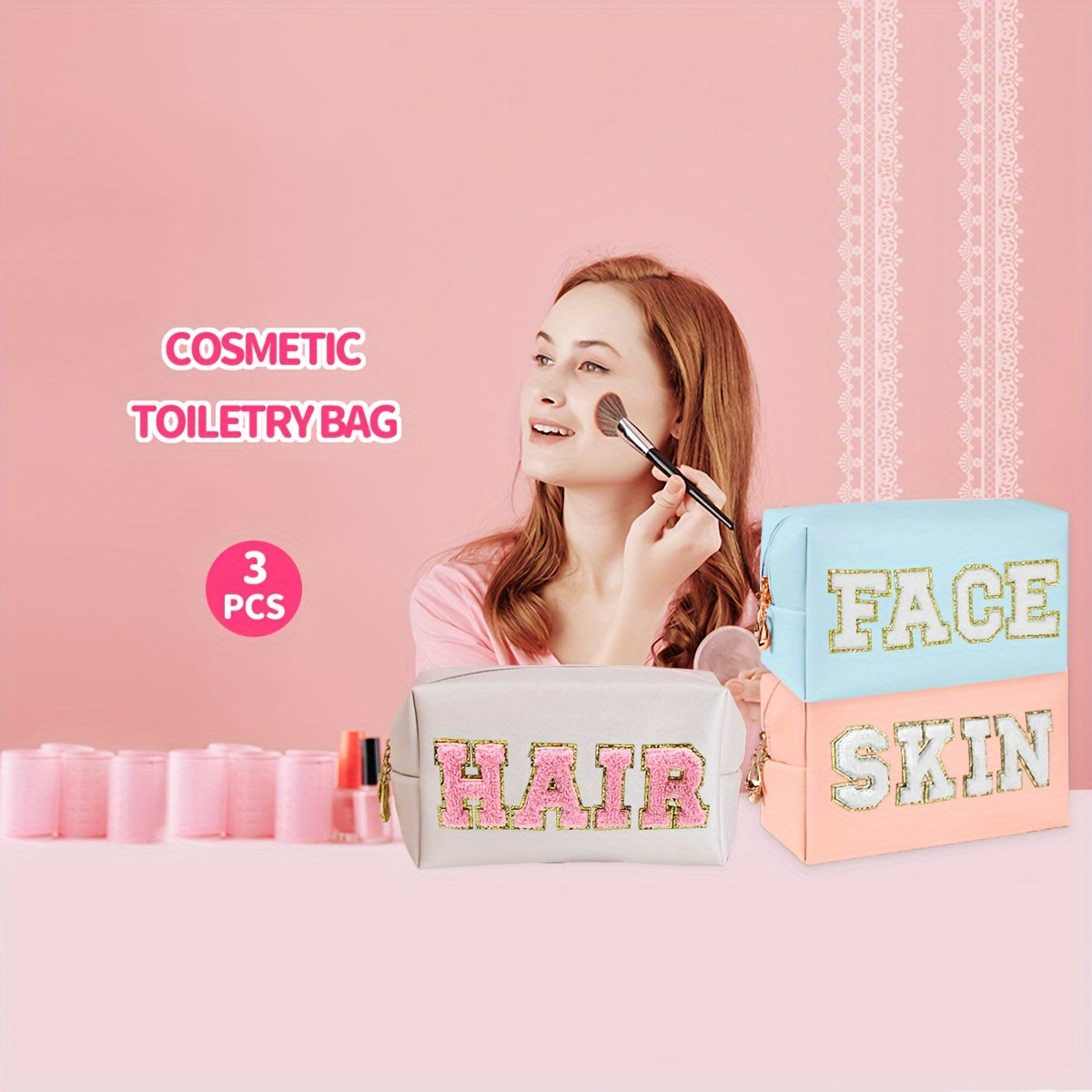 1/3pcs CHENILLE Preppy Makeup Bag for Women Travel Toiletry Bag Chenille Letter Cosmetic Bag PU Leather Waterproof Pouch Cute Zipper Organizer, Skin, Hair and Face