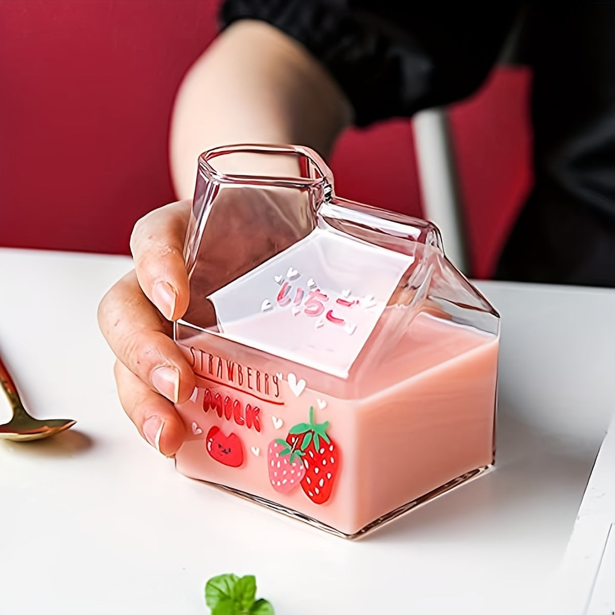 1pc Adorable Kawaii Glass Milk Carton Mug - 12 Oz Microwave Safe, Reusable, BPA-Free, Square-Shaped, Recyclable, Multipurpose Cup with Strawberry, Peach, Avocado, and Banana Print for Breakfast and Coffee