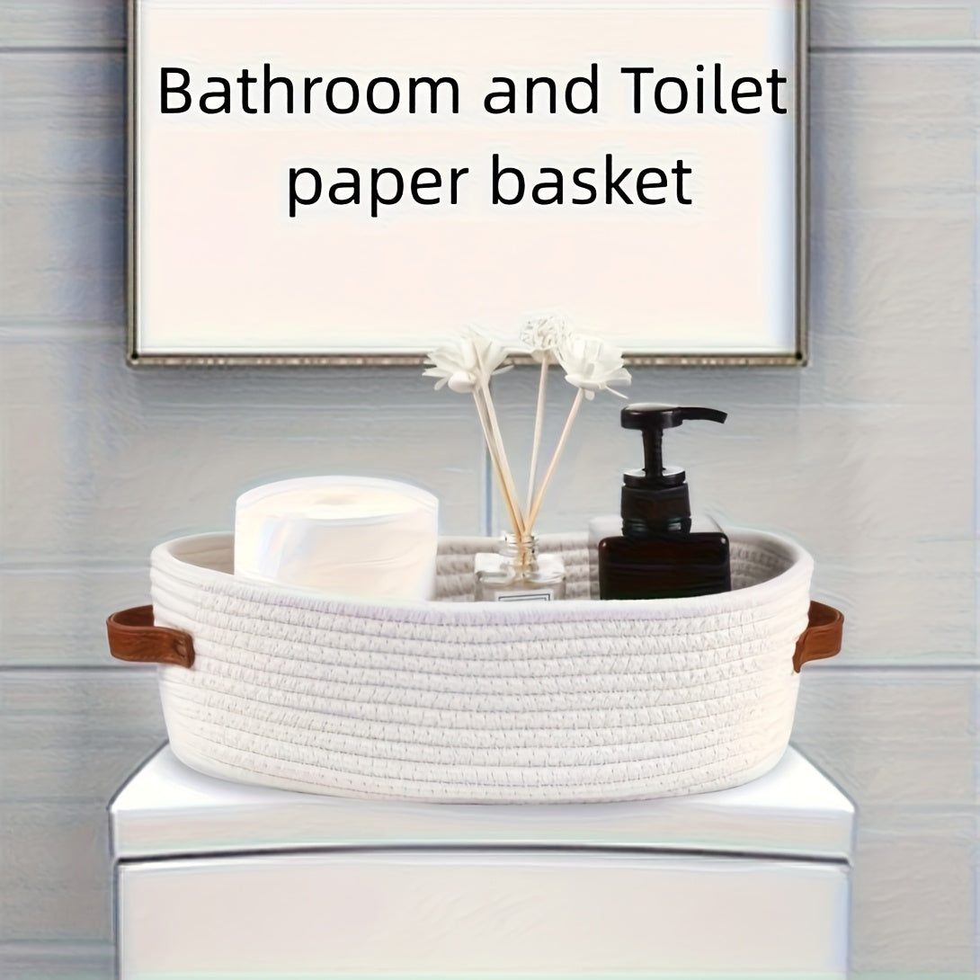 1pc Woven Storage Basket with Handle, Multifunctional Desktop Storage Box, Toilet Paper Storage Box On Top Of Toilet Top, double handle desktop home organizer - perfect bathroom essentials