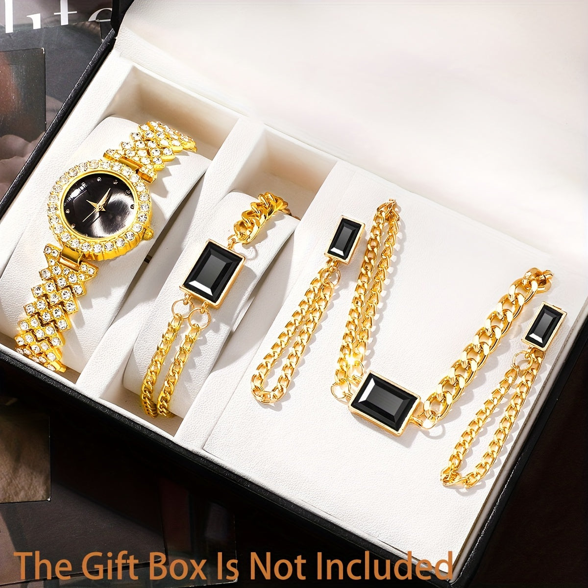 Elegant 5pcs Women's Fashion Watch & Jewelry Set - Vintage Faux Leather Band Quartz Watches with Crystal Accents, Zinc Alloy Case