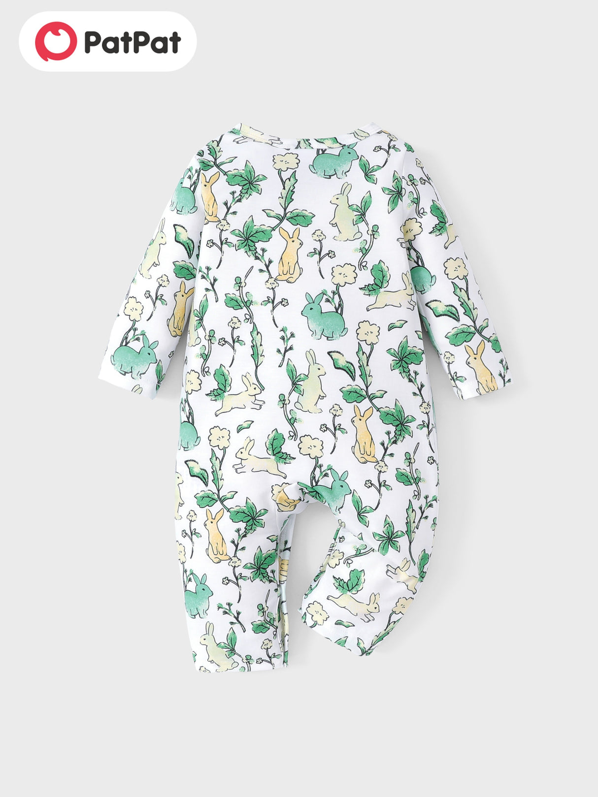 PatPat Baby Girl Cute All Over Rabbit Print/Solid Ribbed V Neck Short-sleeve Jumpsuit For Summer Outdoor Wear