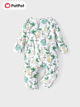PatPat Baby Girl Cute All Over Rabbit Print/Solid Ribbed V Neck Short-sleeve Jumpsuit For Summer Outdoor Wear