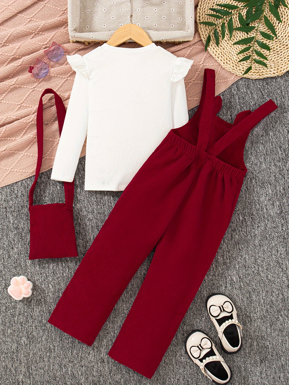 3PCS Flutter Trim Long Sleeve Top + Embroidery Jumpsuit Romper + Bag Set Kids Clothes For Girls Spring Fall Gift