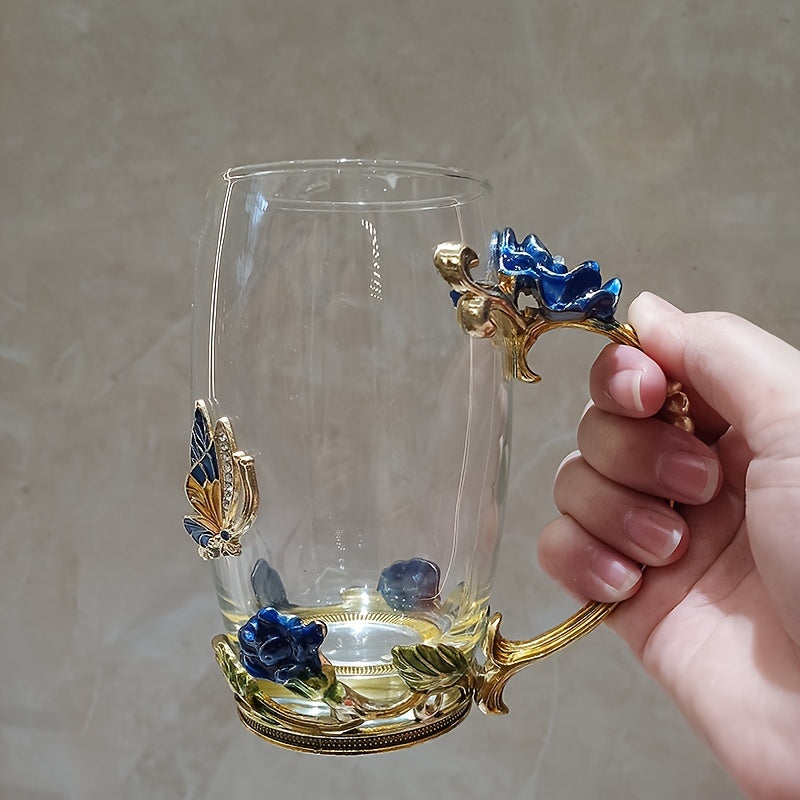 Elegant Ramadan Rose Enamel Glass Tea Cup with Spoon - BPA-Free, Crystal-Embellished Mug for Hot Drinks, Ideal Gift