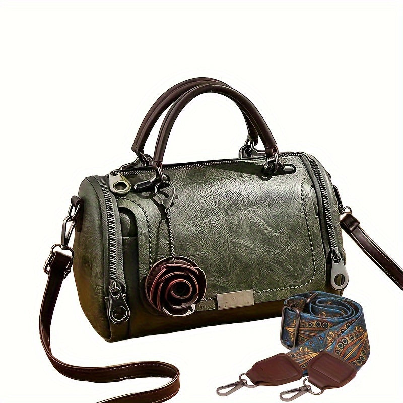 Women'S Boston Handbag with Flower Pendant, Solid Color Zippered Satchel, Polyester Lined, Painted Edges, Messenger Bag for Occasions