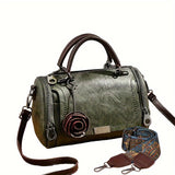 Women'S Boston Handbag with Flower Pendant, Solid Color Zippered Satchel, Polyester Lined, Painted Edges, Messenger Bag for Occasions