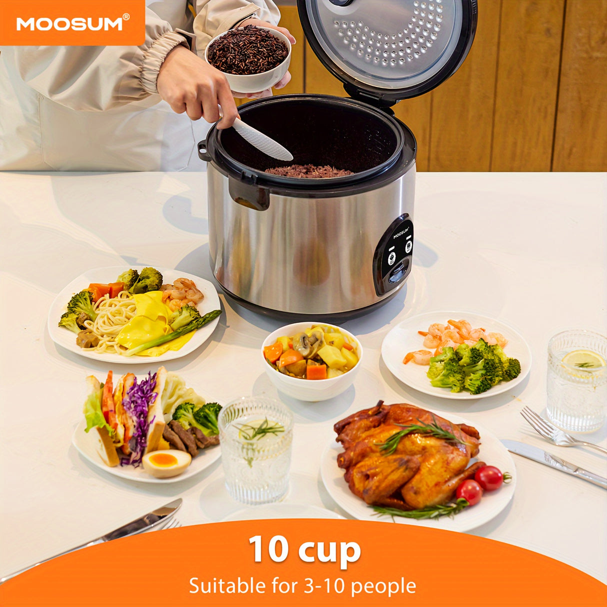 MOOSUM Electric Rice Cooker with One Touch for Asian Japanese Sushi Rice, 10-cup Uncooked/20-cup Cooked, Fast&Convenient Cooker with Steamer, Stainless Steel Housing and Auto Warmer