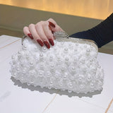Luxurious Faux Pearl Evening Clutch Bag - 3D Flower Embellished, Top Ring Design, Wedding Bridal Prom Banquet Purse with Elegant Look and Compact Size