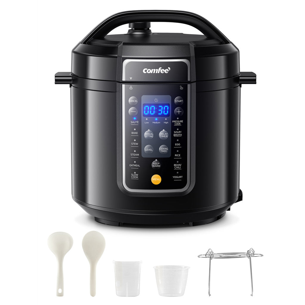 COMFEE’ 9-in-1 Electric Pressure Cooker 13 Presets Instant Multi Cooker Olla de Presion Slow Cooker Rice Cooker Steamer Sauté Yogurt Maker Non-Stick Pot 6 Quart Black, Aluminum