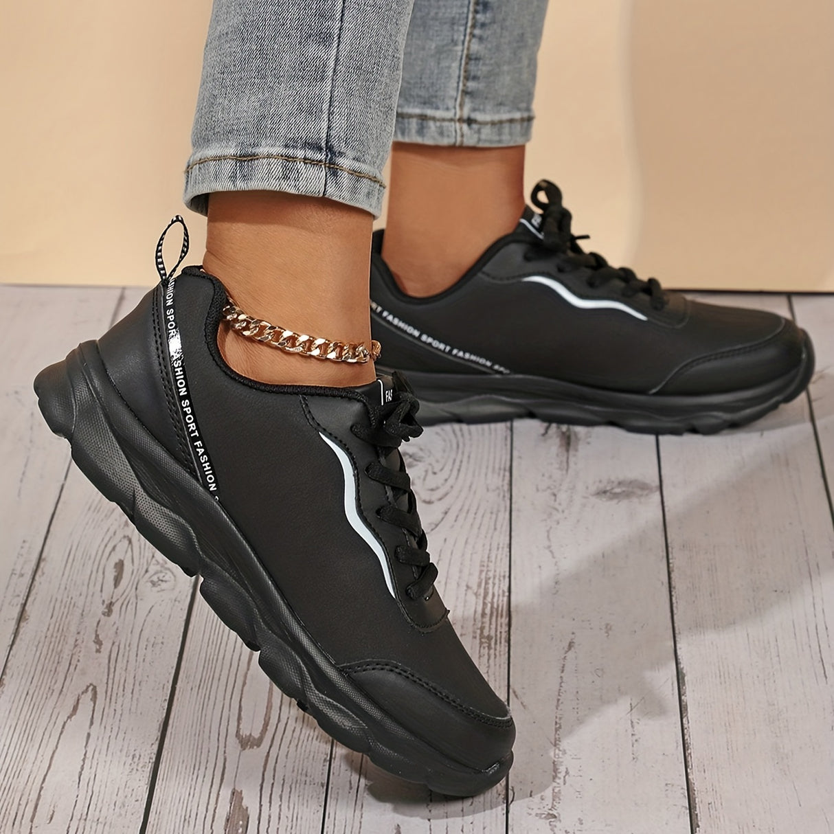Women's Black Non-slip Sneakers, Casual Lace Up Faux Leather Running Shoes, Lightweight Outdoor Jogging Shoes