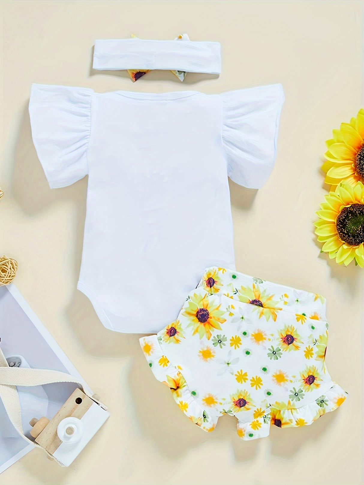 3pcs Baby Girl Summer Outfit: "Little Miss Sunshine" Ruffle Short Sleeve Romper, Floral Shorts & Matching Headband - Cotton Blend, Machine Washable, Casual Baby Clothing | Ruffled Baby Romper | Comfortable Babywear, Baby Girl