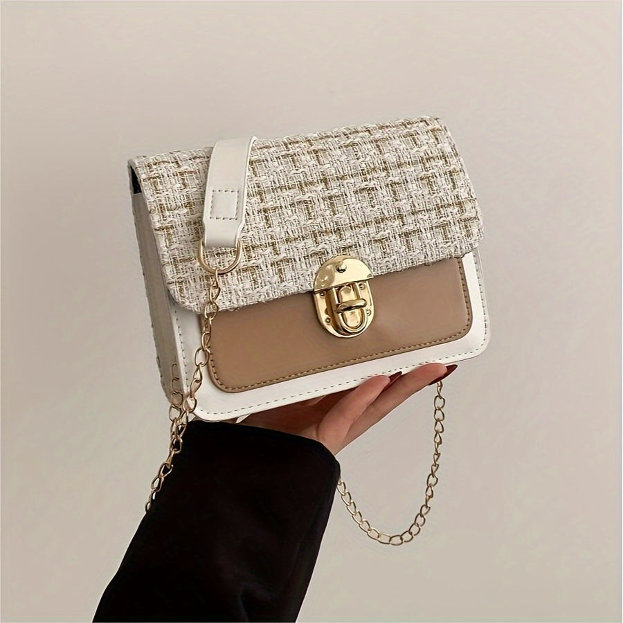 Fashion Tweed Chain Crossbody Bag, Mini Chain Square Purse, Trendy Turn Lock Shoulder Bag For Women