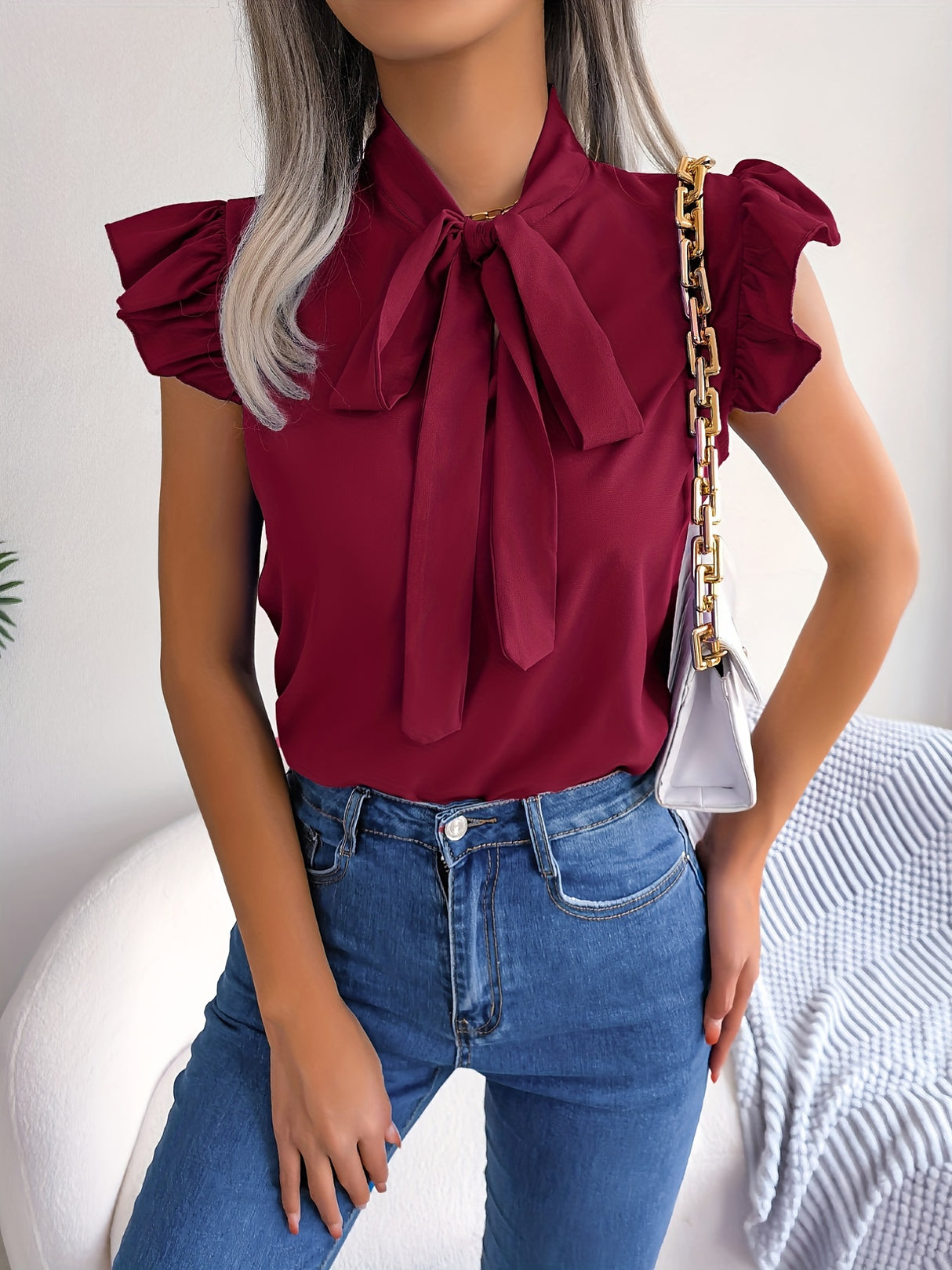 Bow Tie Flutter Sleeve Blouse, Elegant Sleeveless Solid Ruffle Trim Blouse, Women's Clothing Wedding holiday vacation