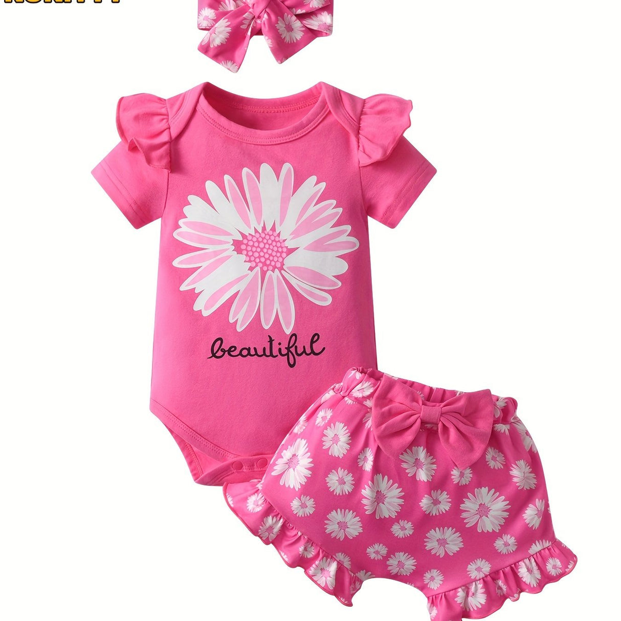 KuKitty Baby Girl Clothes Summer Ruffle Sleeve Sunflower Print Romper Floral Shorts Headband, Infant Girls 3pcs Outfits Set, for Outdoor