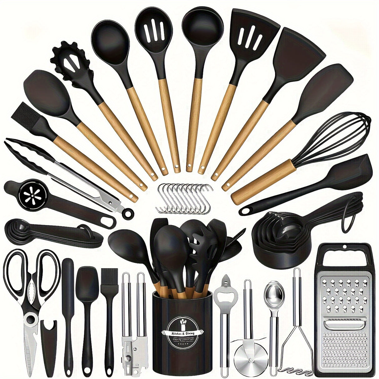 44pcs Non-Stick Silicone Kitchen Utensil Set with Wooden Handles, Includes Stainless Steel Grater & Bottle Opener