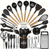 44pcs Non-Stick Silicone Kitchen Utensil Set with Wooden Handles, Includes Stainless Steel Grater & Bottle Opener