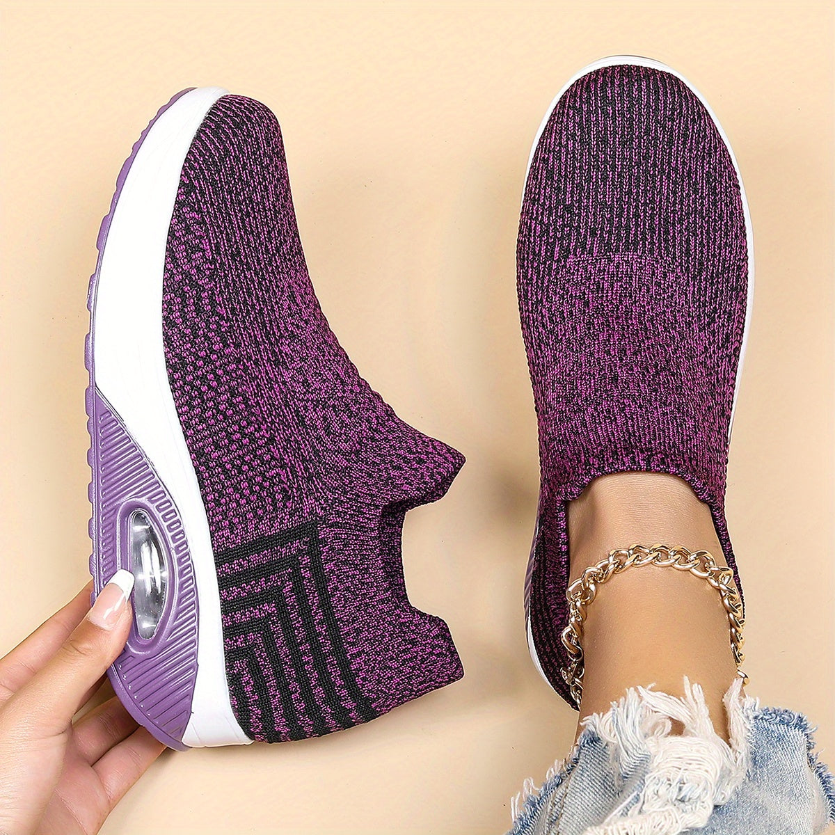 All-Season Women's Lightweight Sneakers - Stabilizing Air Cushion, Slip-On Running Shoes in Sleek Black