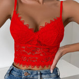 [Everyday Comfort] Chic Blue Lace Floral Cut-Out Cami Top for Women - V-Neck, Scalloped Trim, Sexy & Stylish, Versatile for Layering or Solo Wear, Lace Long Sleeve Top